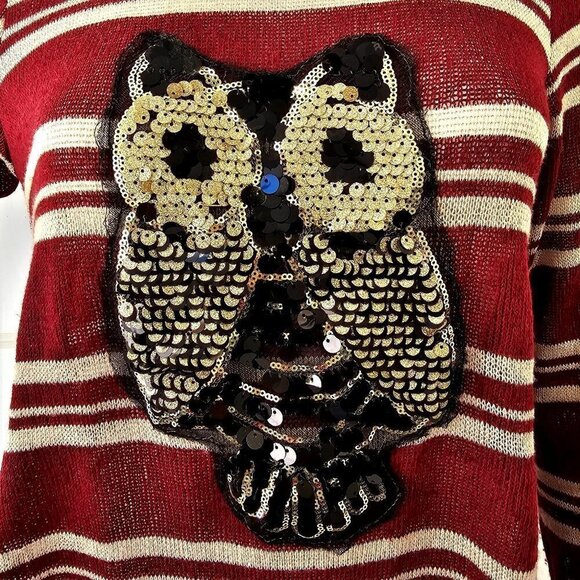 Candy Cane Stripe Top Long Sleeve Sequined Owl Lightweight Loose Knit Womens M - Picture 2 of 6